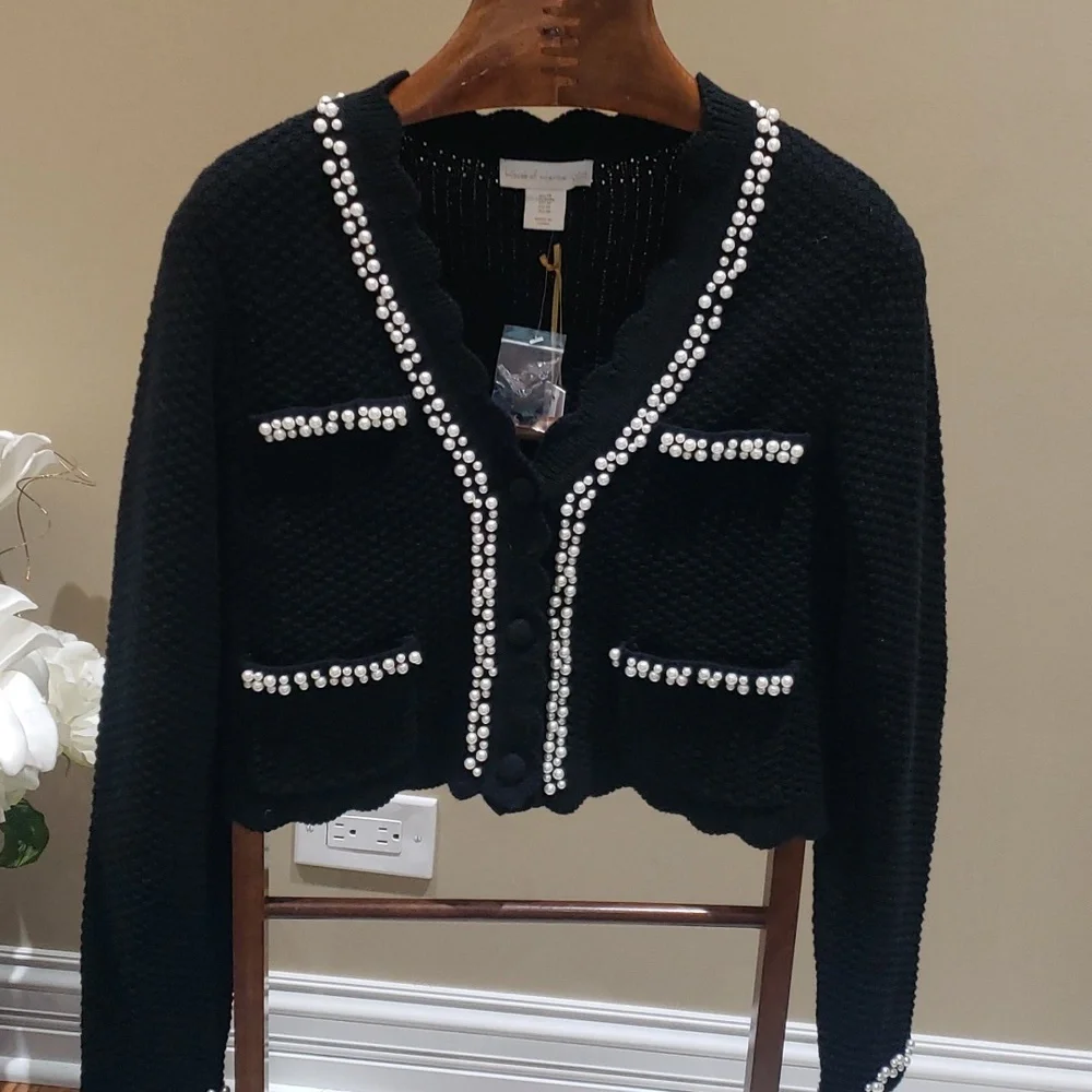 Nwt medium House of Harlow black sweater with pearls - Picture 1 of 15
